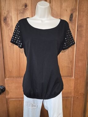 a.n.a Black Short Sleeve Top with Studded Sleeve Detail